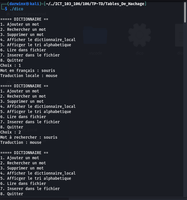 Interface du dictionnaire